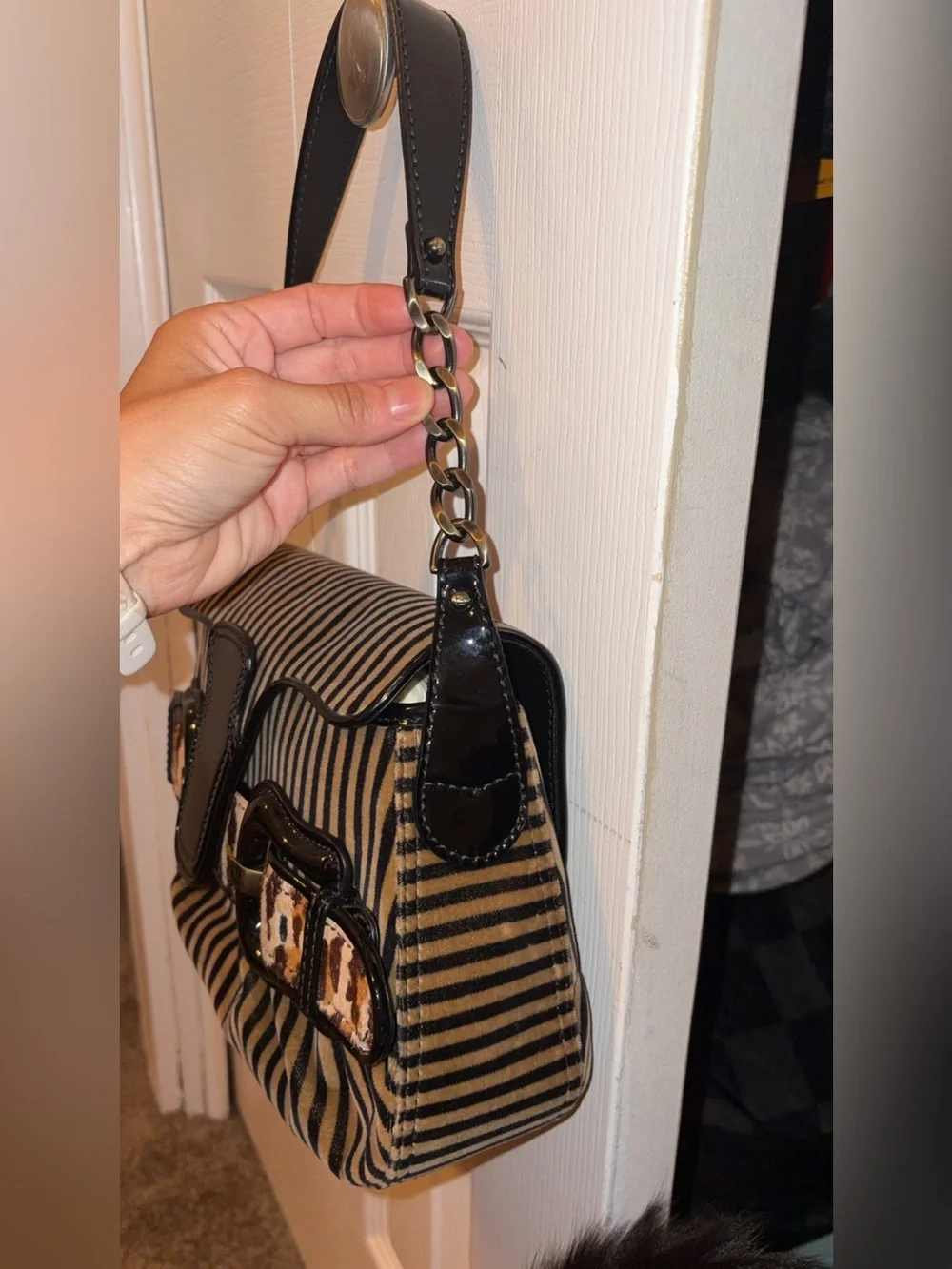 FENDI Striped Velvet B Bis Baguette Leopard Calf Hair, Black Patent Leather rare